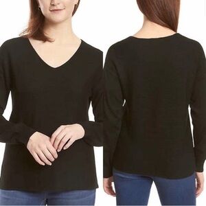 Ella Moss Womens Black Kaylan Ribbed Vneck Long Sleeve Sweater Size Small